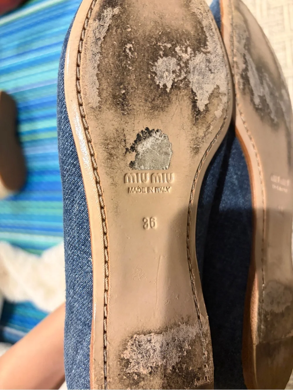 Miu Miu Denim Pointed Flats with Crystal Bow Accents